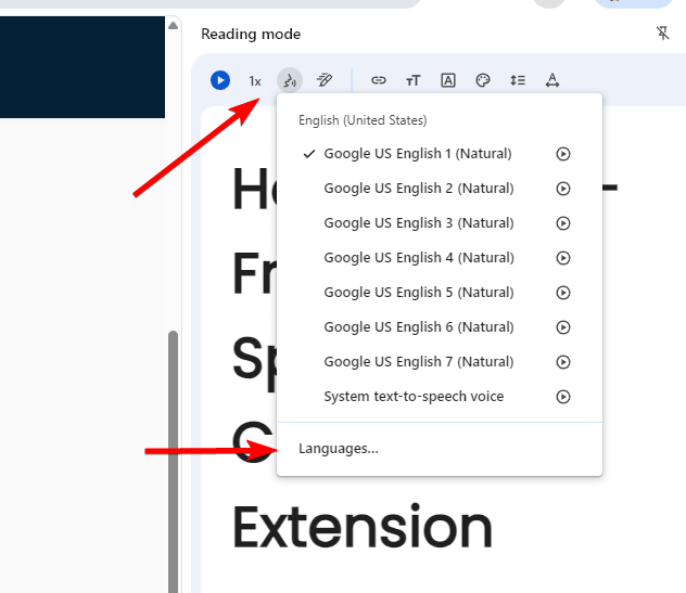 Chrome reading mode language selection interface